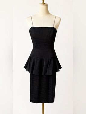 Silk Studio 100% Silk Black Jacquard Peplum Cocktail Dress Rhinestone Straps Sz8